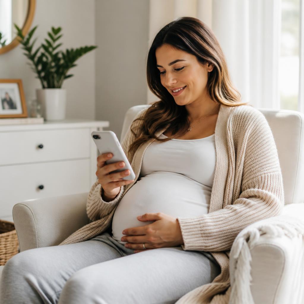 Gestante segurando a barriga e consultando o celular